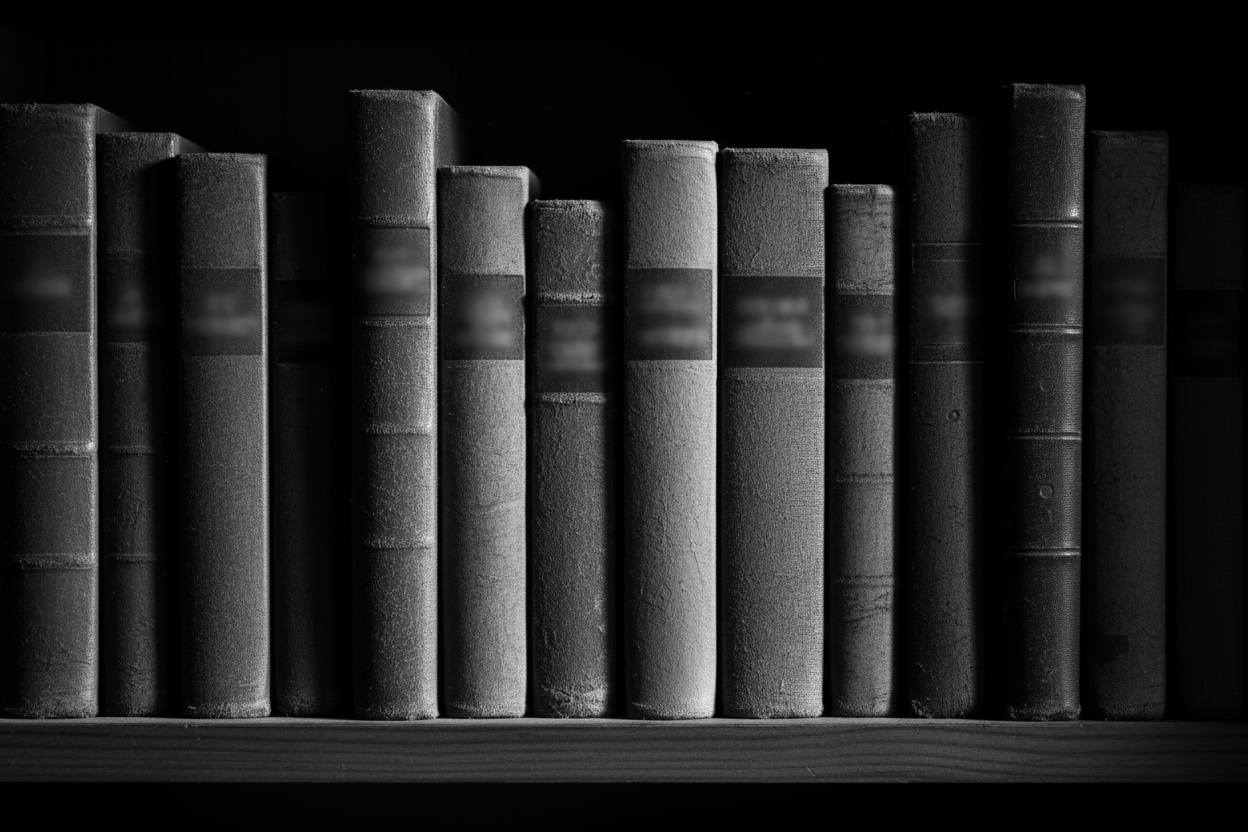 dark black and dark gray books in a black and white picture of books on a shelf in closeup view but don't show the titles of the books